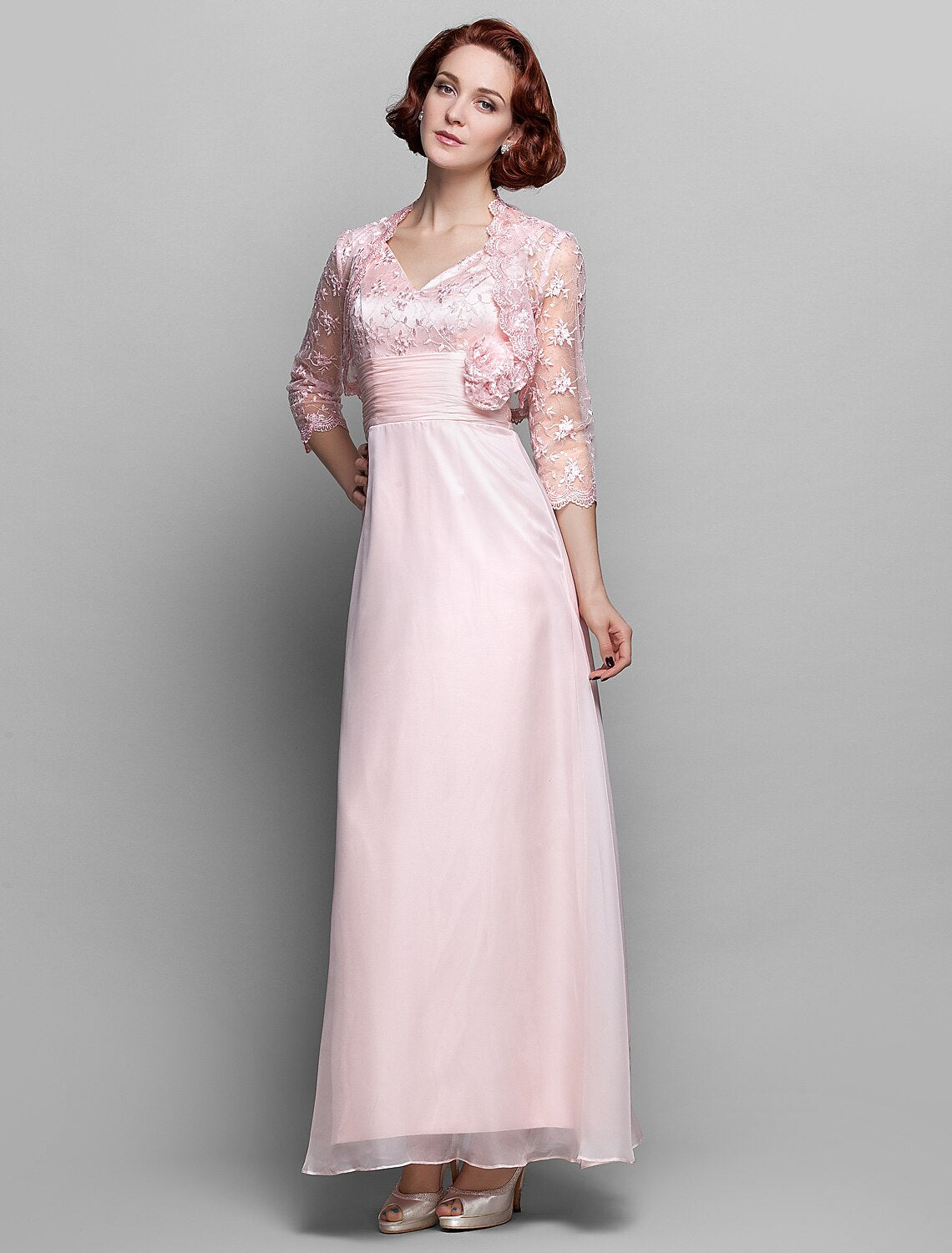 Back view of the ruched ankle-length mother of the bride gown.