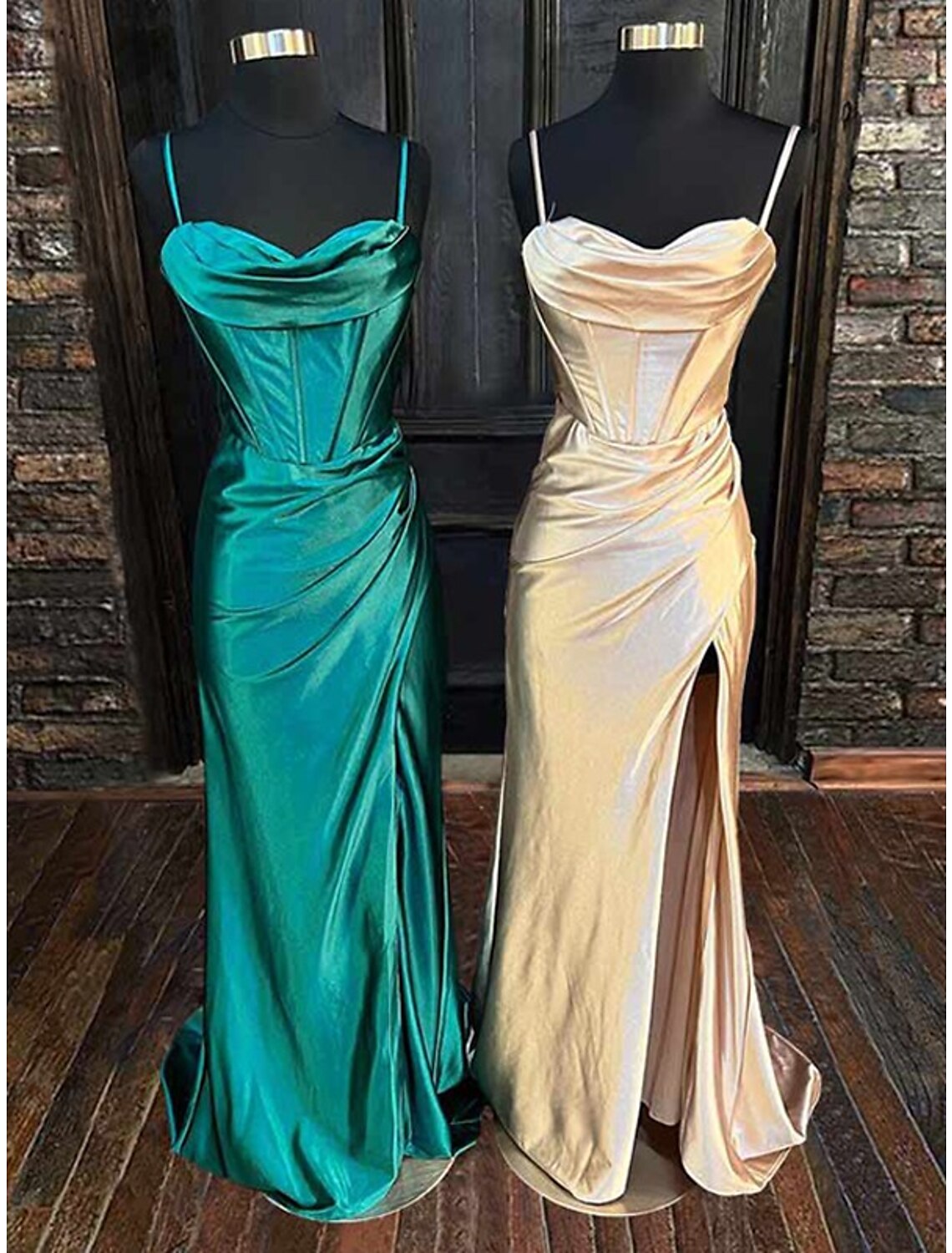 Elegant black satin cowl neck evening gown with a backless design and thigh-high slit.