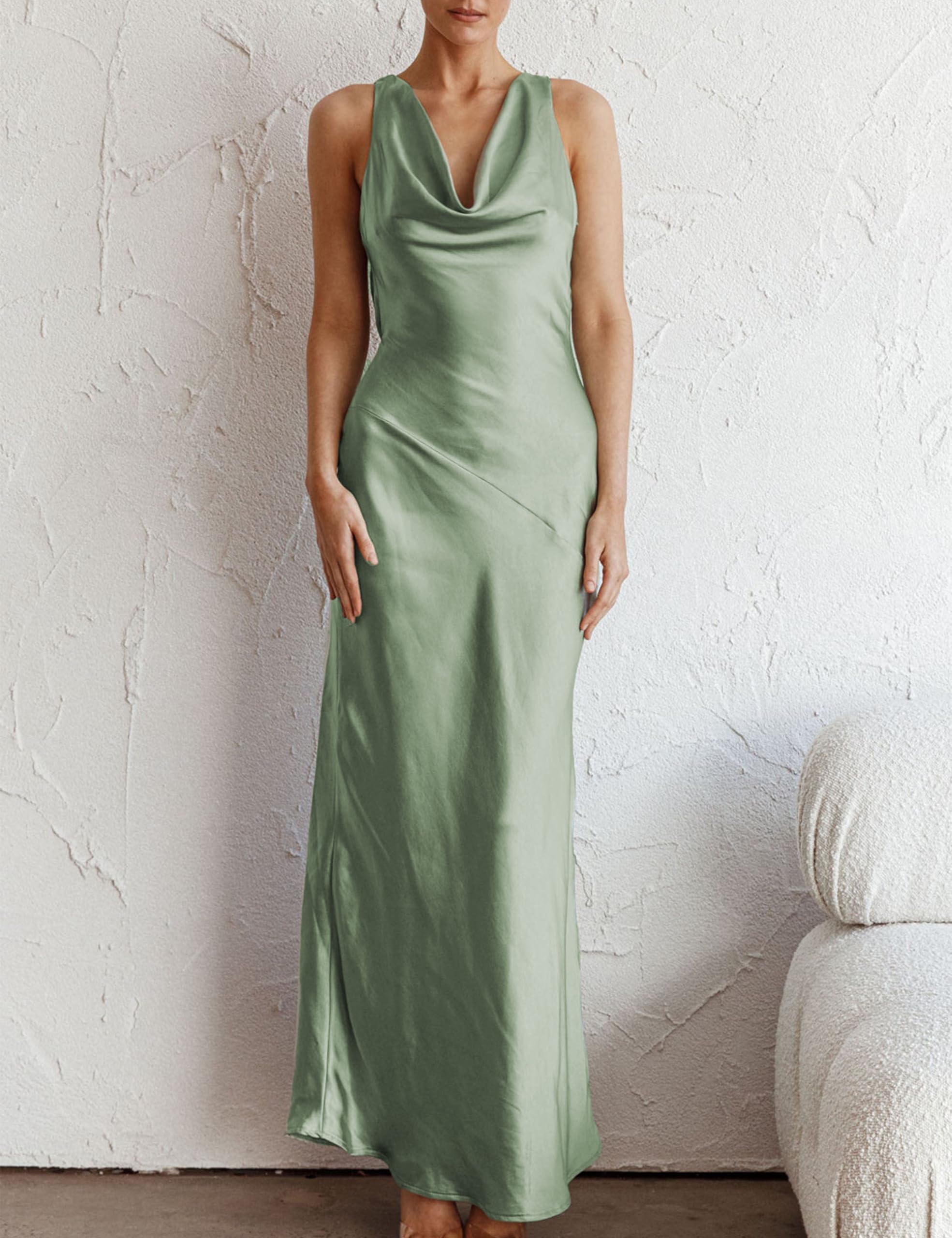 Elegant Sheath Cowl Neck Satin Maxi Dress.