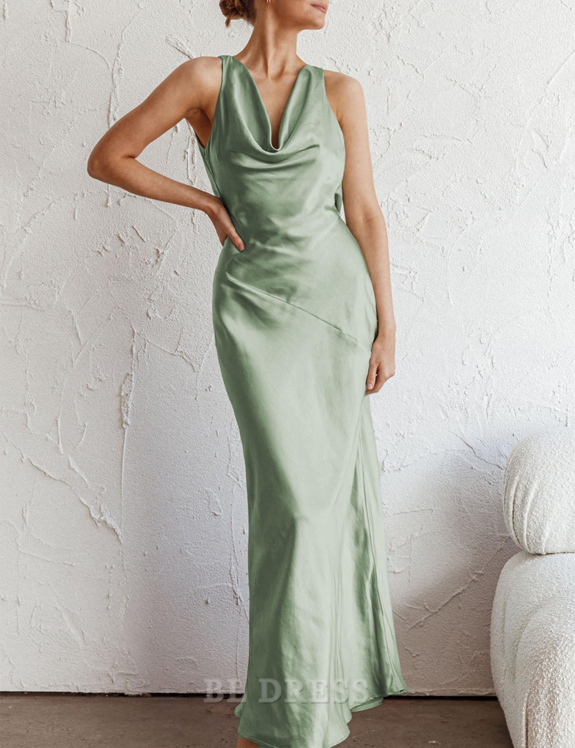 Sleeveless satin bridesmaid dress with open back.