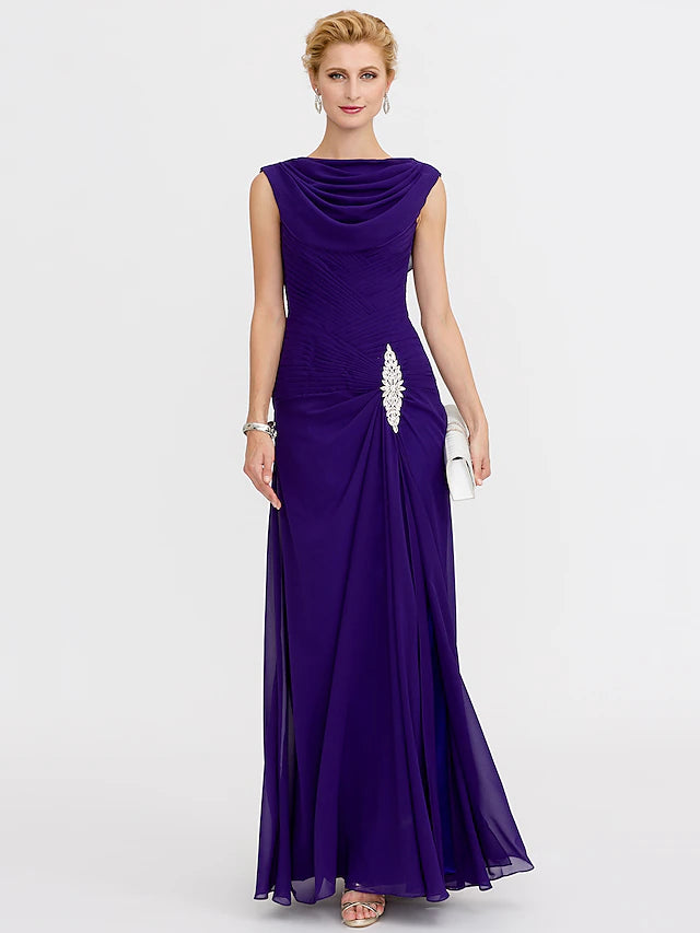 Elegant Sheath Mother of the Bride Dress with cowl neck and criss-cross beading.
