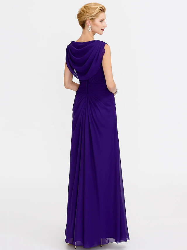 Sleeveless ankle-length dress suitable for wedding occasions.