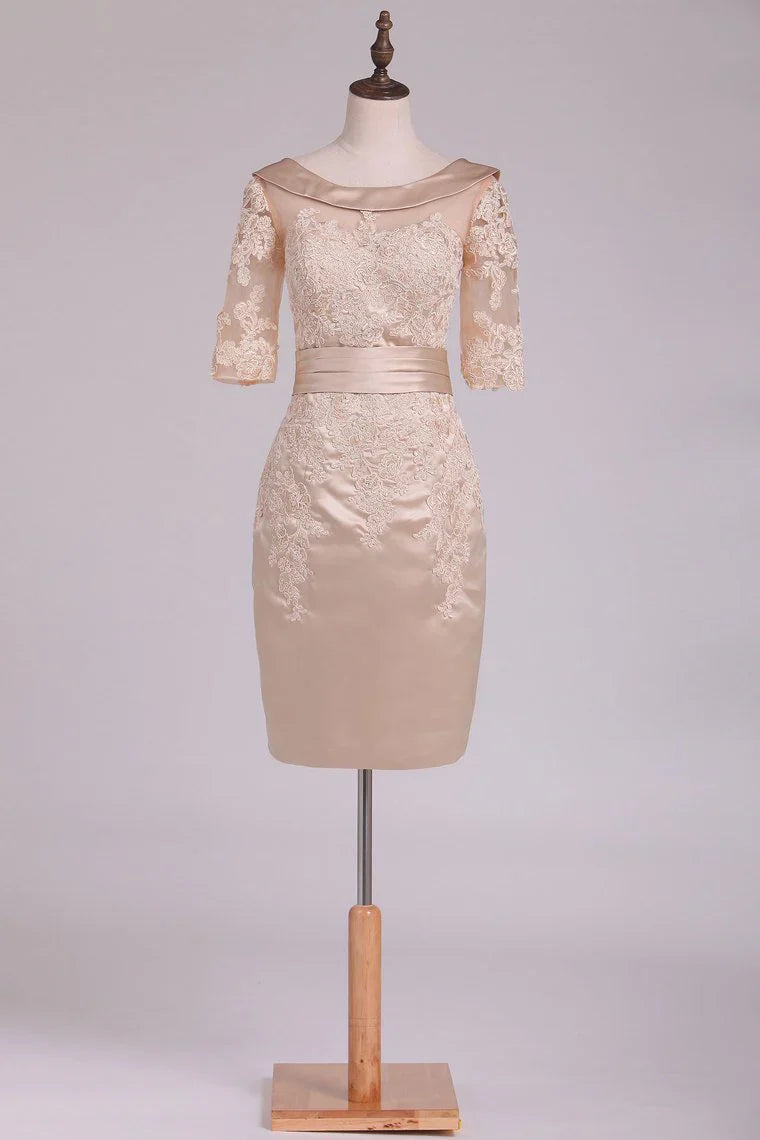 Elegant sheath mother of the bride dress with cowl neck and half sleeves.