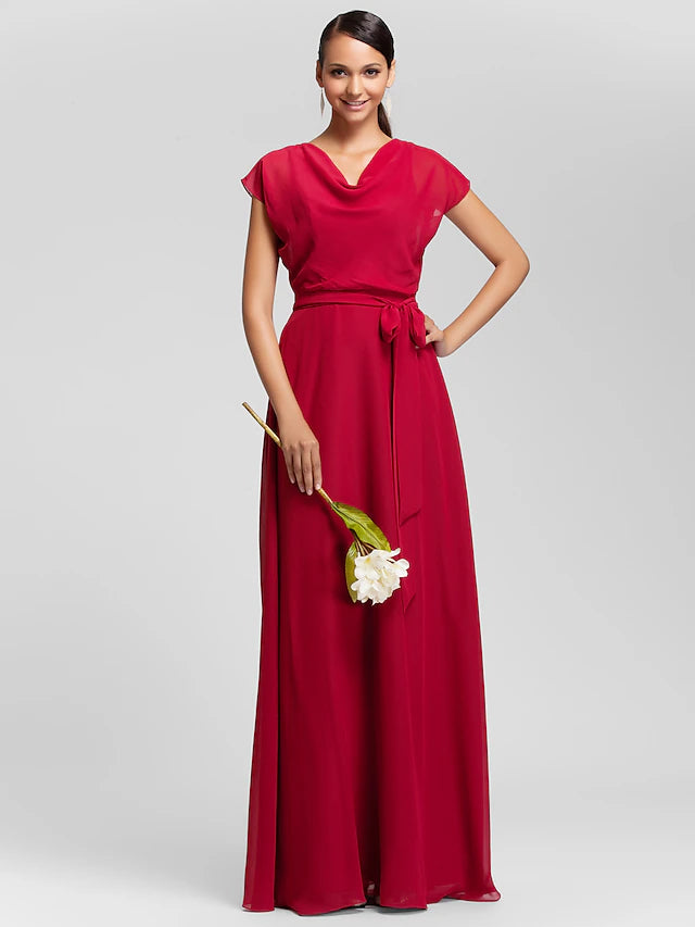 Elegant sheath bridesmaid dress with cowl neck and short sleeves.