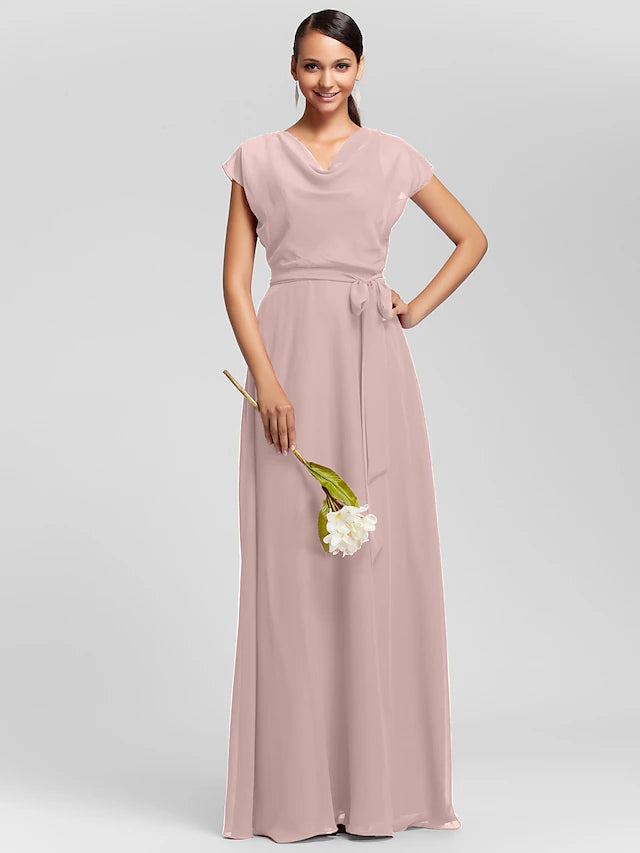Close-up of the cowl neck and draped short sleeve on a chiffon dress.