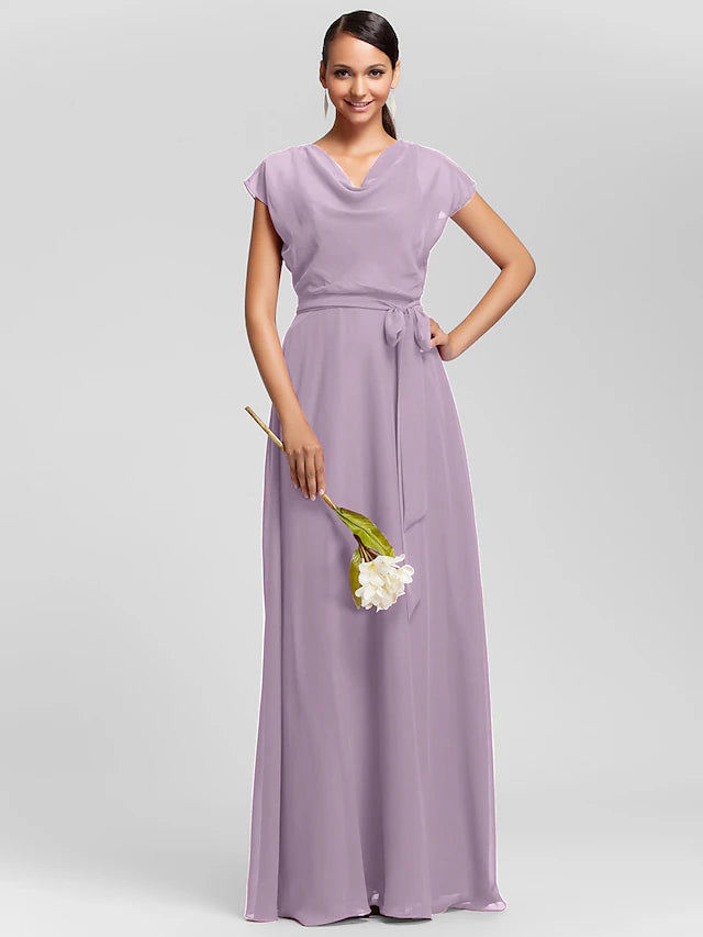 Side view of the floor-length chiffon bridesmaid dress with sash.