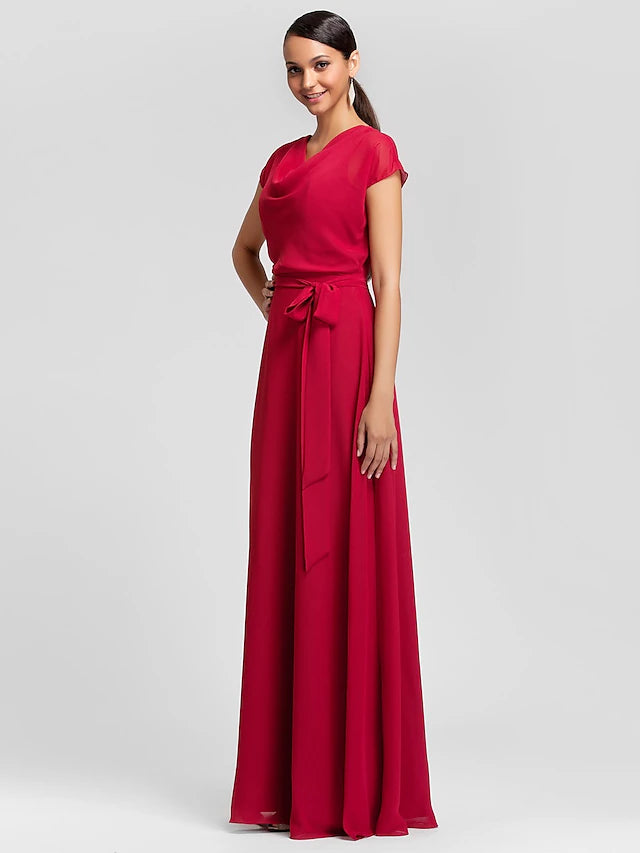 Back view of the elegant sheath bridesmaid gown.