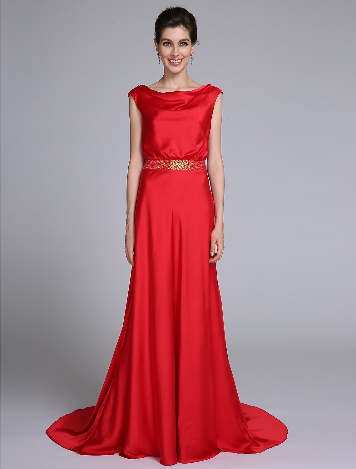 Elegant taffeta sheath Mother of the Bride dress with cowl neck and beading.