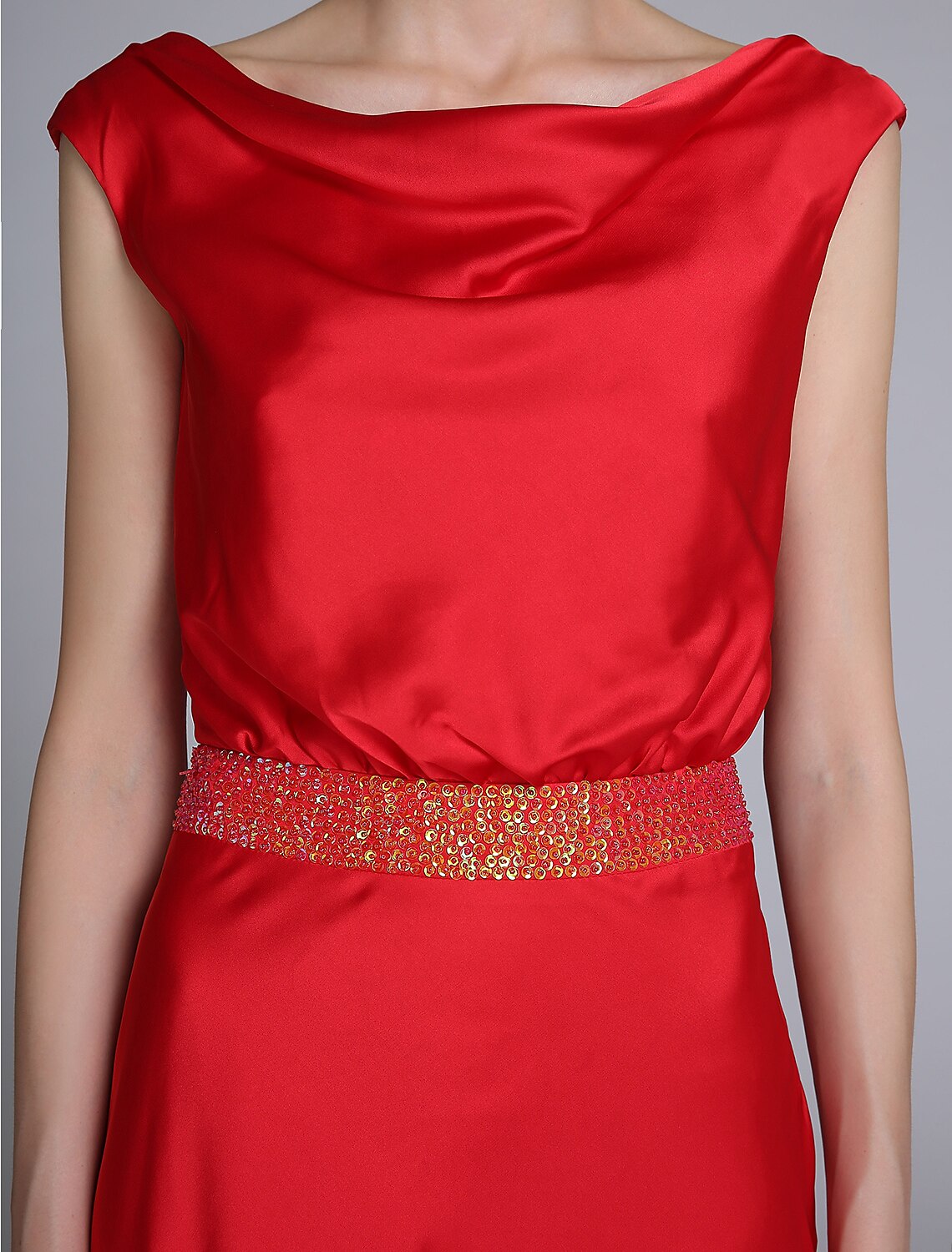 Full length view of the beaded taffeta sheath dress.