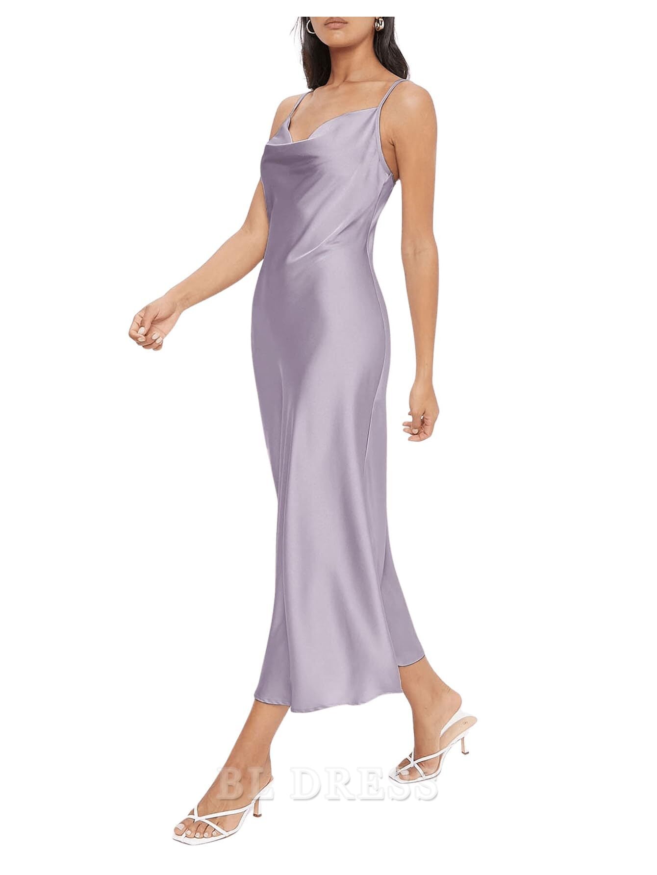 Back view of a formal satin gown with delicate spaghetti straps.