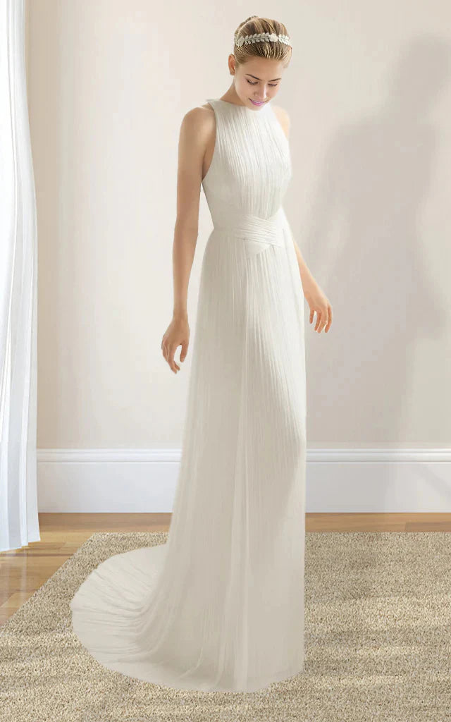 Elegant white sheath halter chiffon wedding dress on a model.