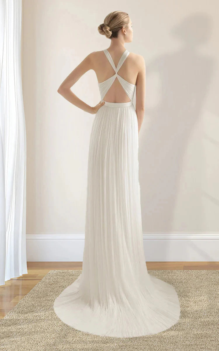 Back view of a white sheath halter chiffon plaited wedding dress.