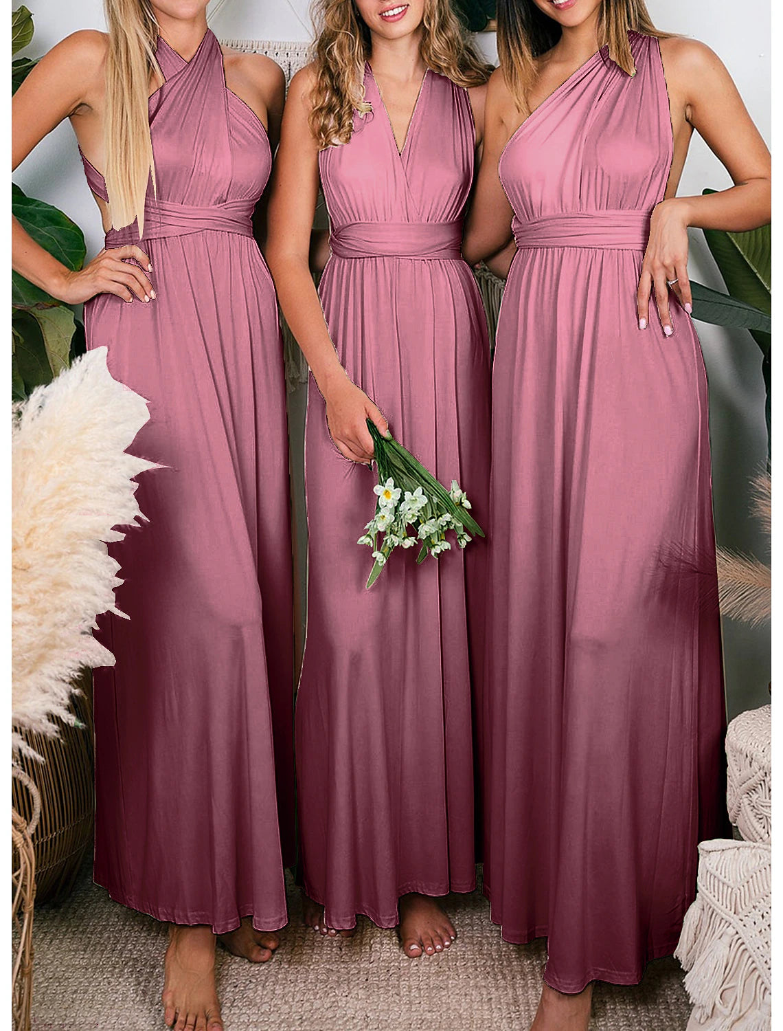 Side view of a sleeveless convertible formal gown.