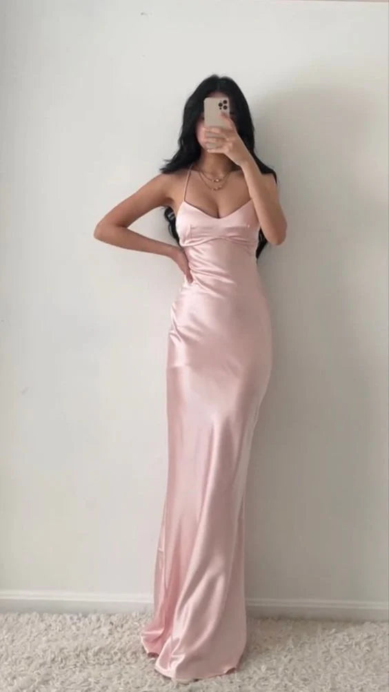 Elegant pink satin halter neck sheath maxi dress.