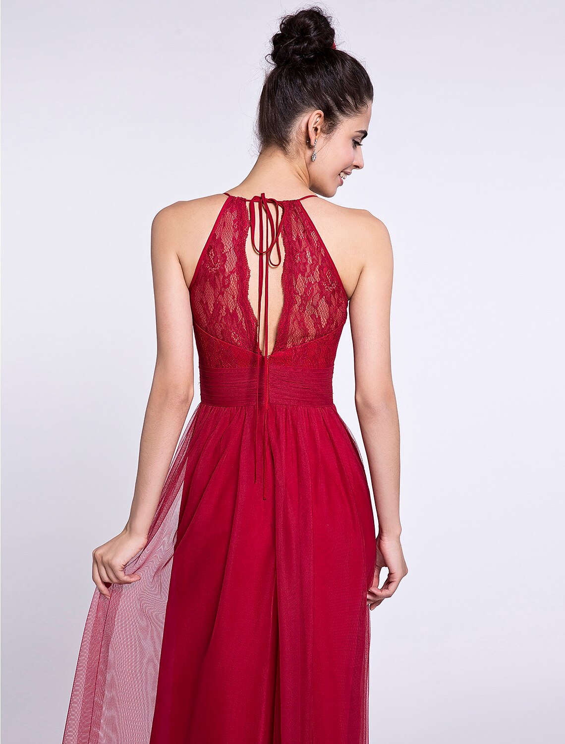 Back view of the halter neck bridesmaid dress, showing the column silhouette.