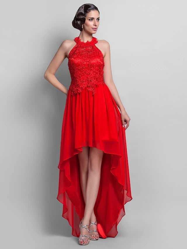 Elegant halter sheath dress with asymmetrical design and appliques.