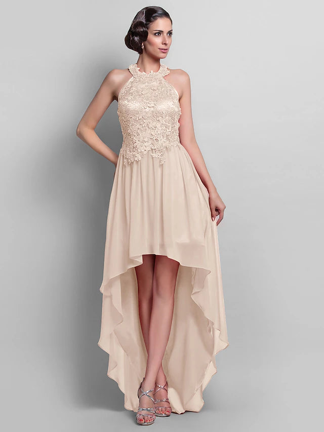 Back view of the sleeveless chiffon wedding guest dress.