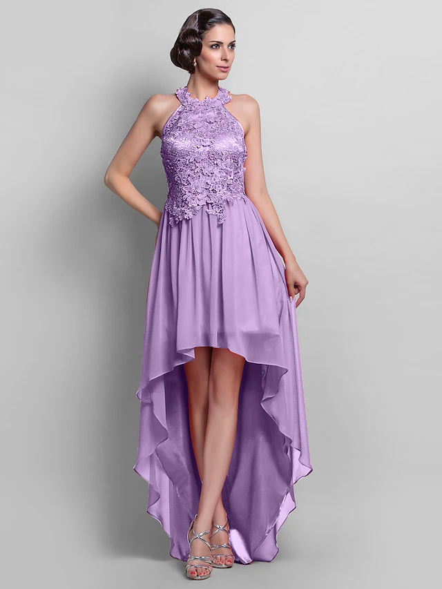 Side view of the elegant backless halter dress.
