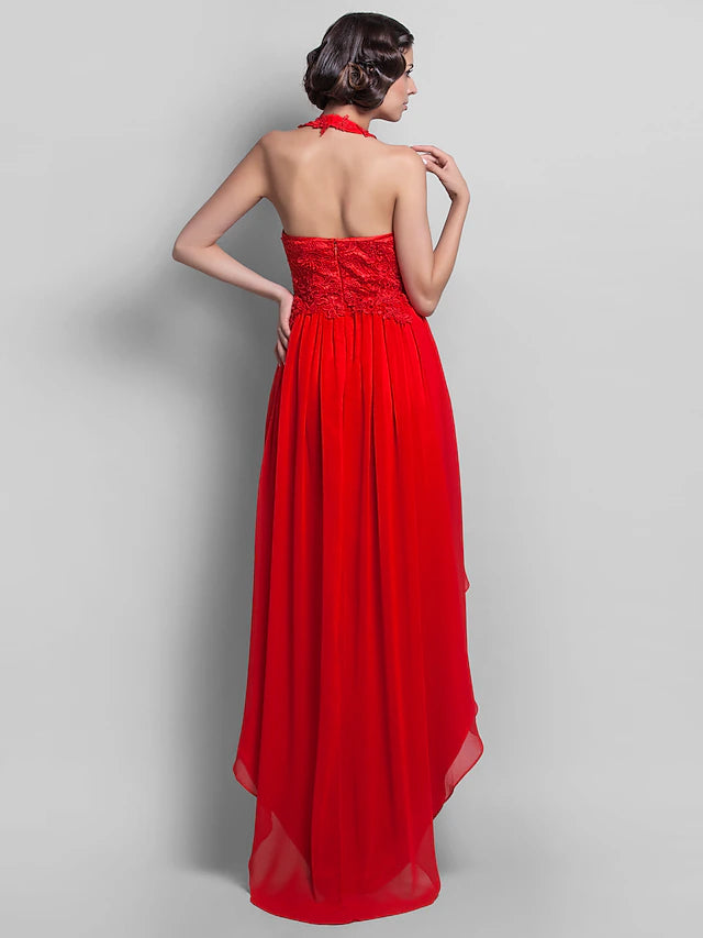Full length view of the asymmetrical chiffon gown.