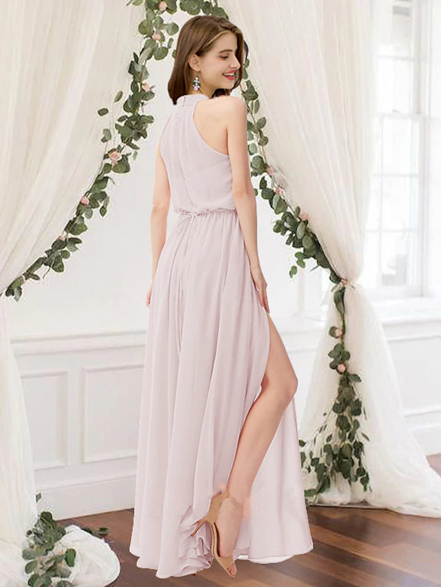 Back view of the elegant high neck sheath chiffon bridesmaid dress.