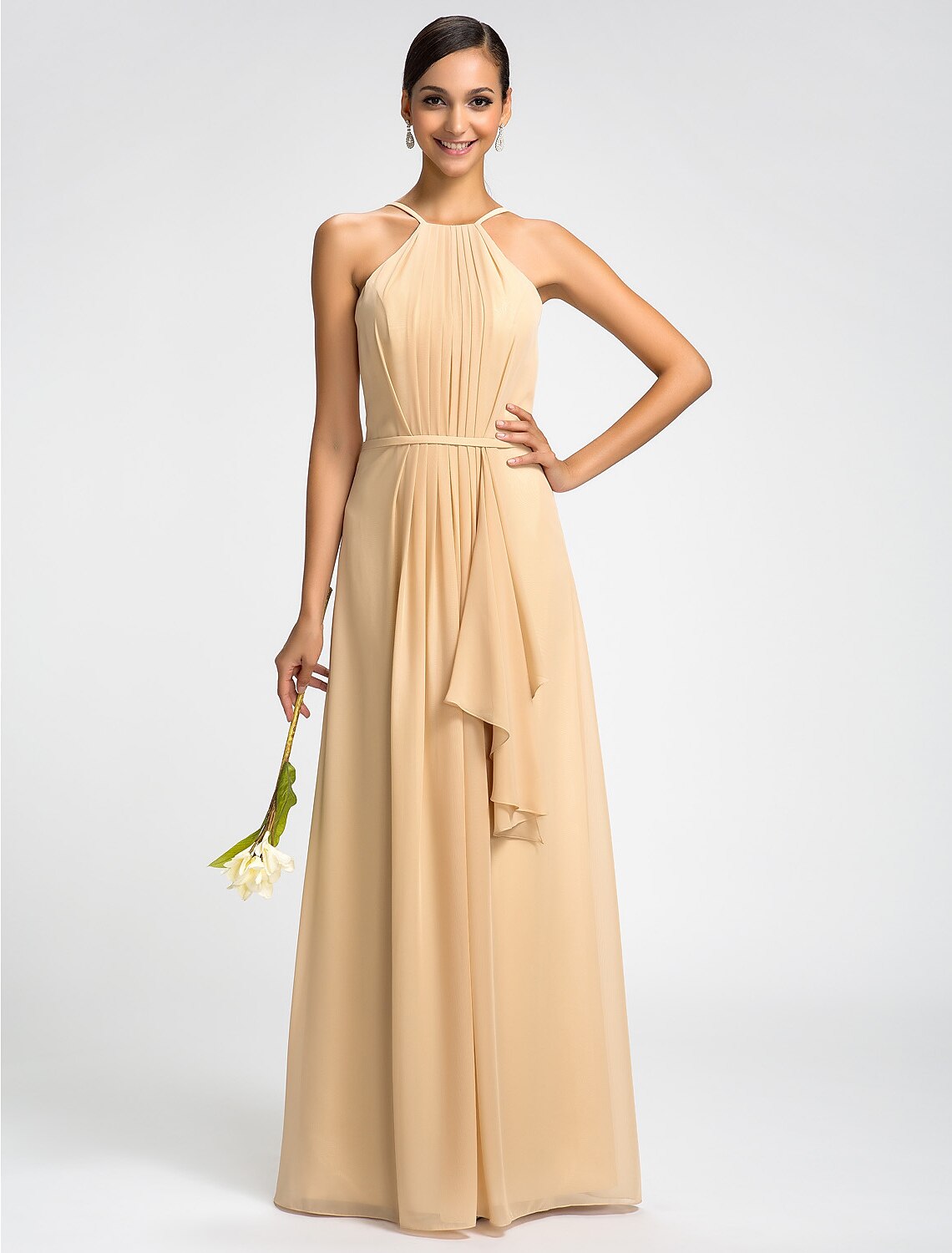 Elegant chiffon bridesmaid dress with high neck and floor length silhouette.