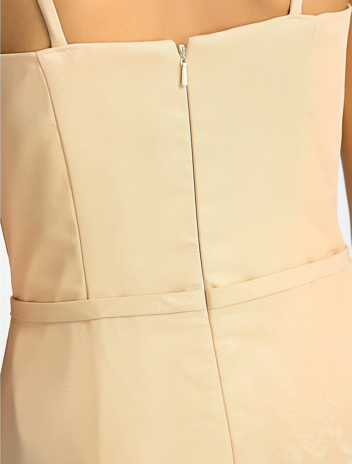 Chiffon bridesmaid dress featuring a high neckline and flowing skirt.