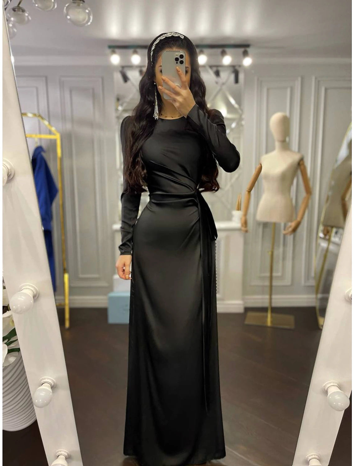 Back view of the high neck long sleeve bridesmaid dress.
