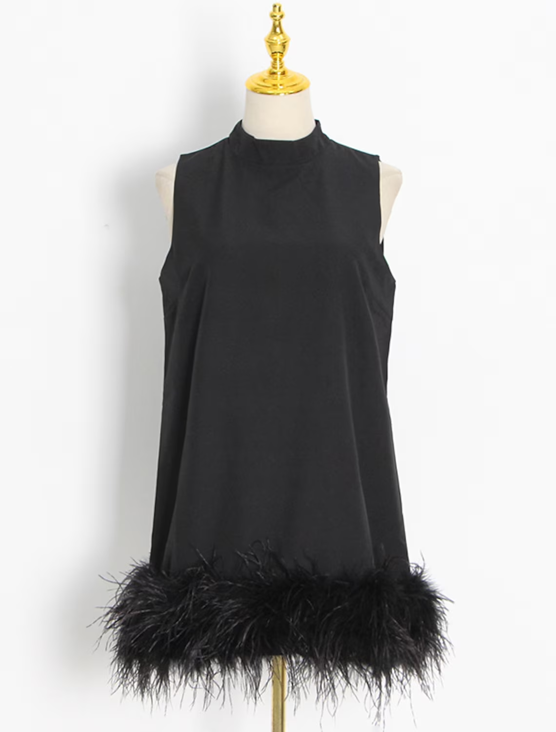 White sheath homecoming dress with high neck and feather detail.