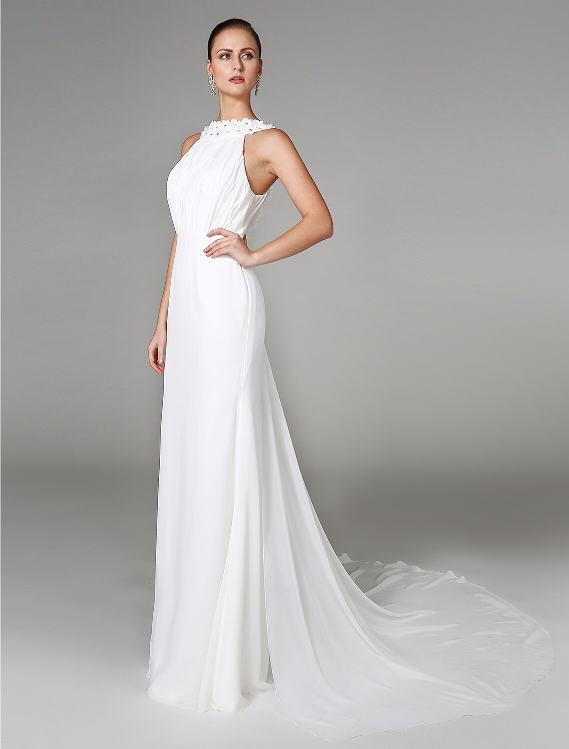 Draped chiffon fabric detail on the bridal gown.