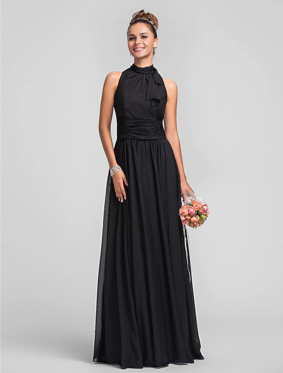 Elegant high neck sleeveless chiffon bridesmaid dress with ruched details.