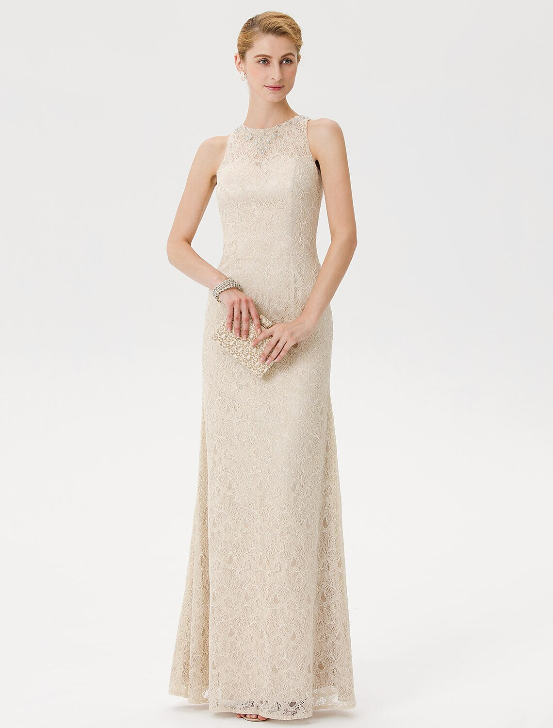 Elegant sheath Mother of the Bride dress with lace and illusion neckline.