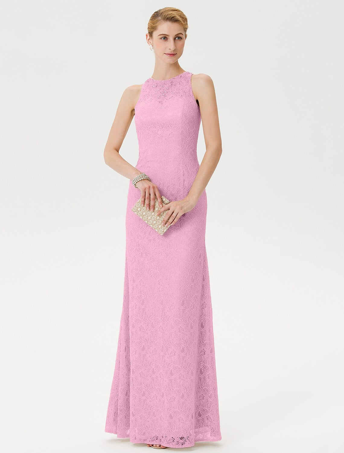 Back view of the floor-length Mother of the Bride gown with delicate beading.