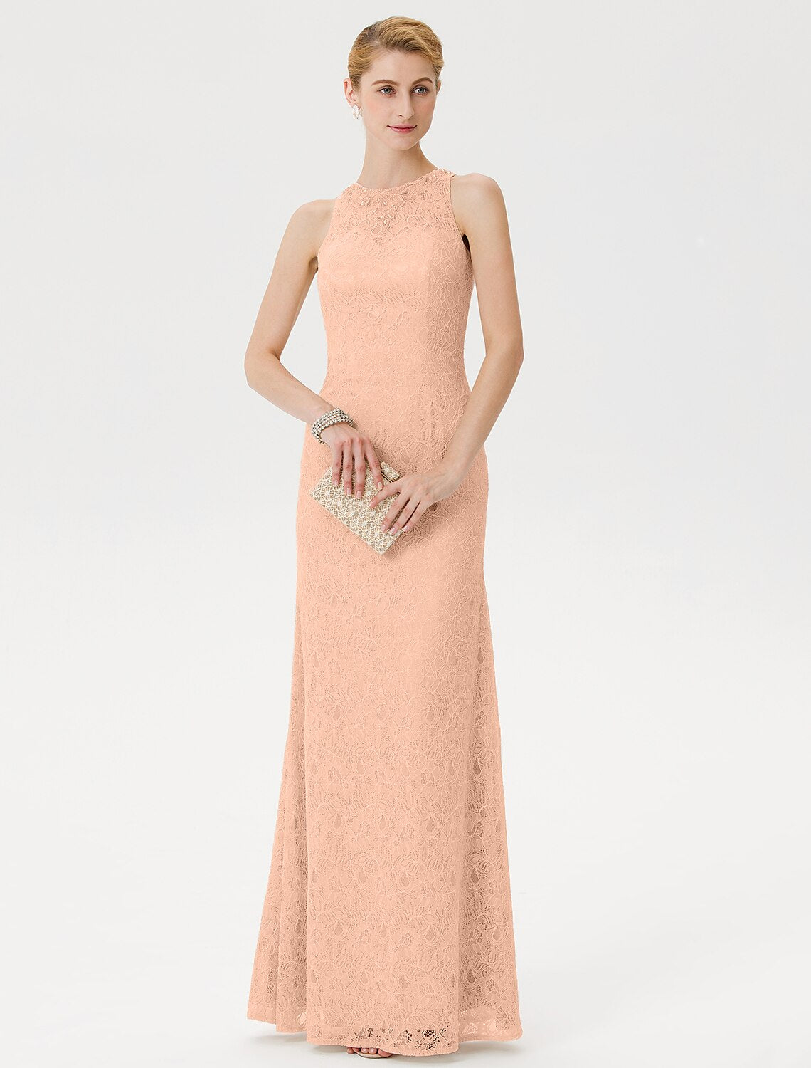 Close-up of intricate lace and crystal beading on the illusion neck dress.