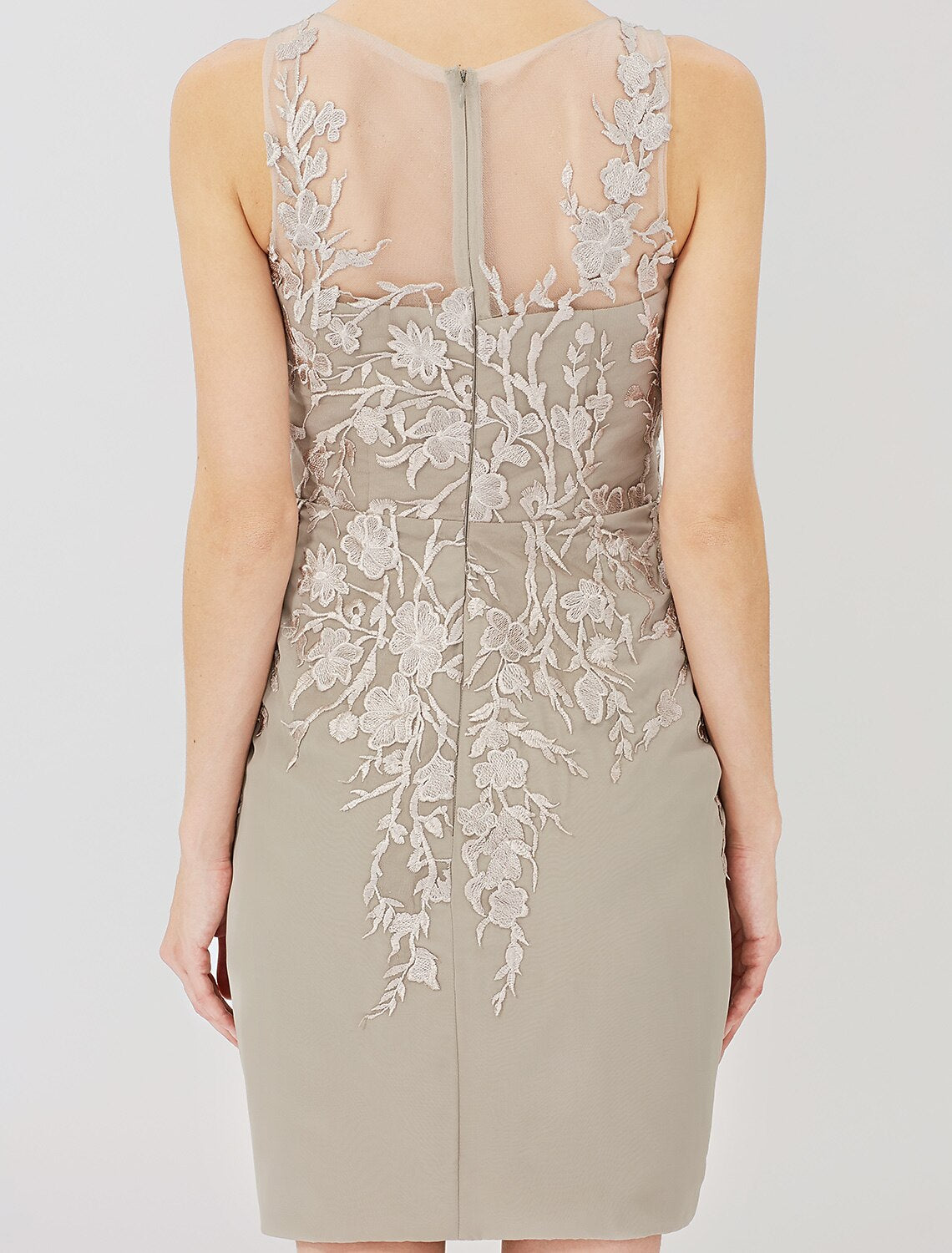Side view of the sheath Mother of the Bride gown.