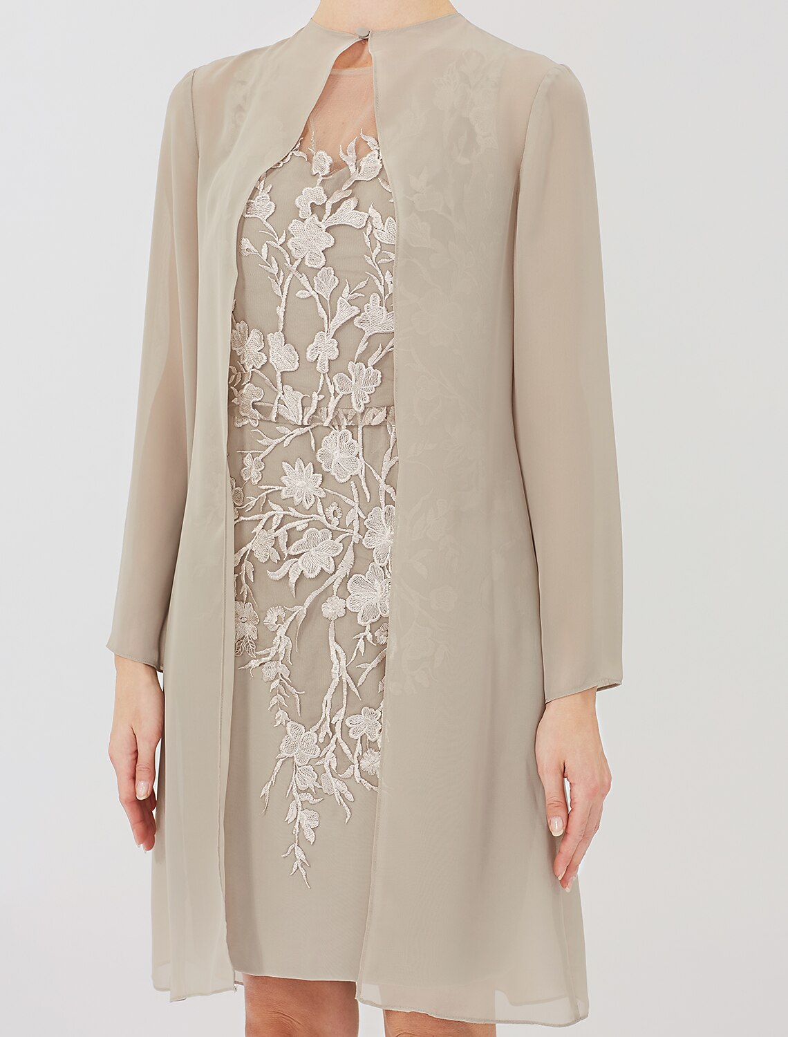Full view of the elegant knee-length chiffon and lace dress.