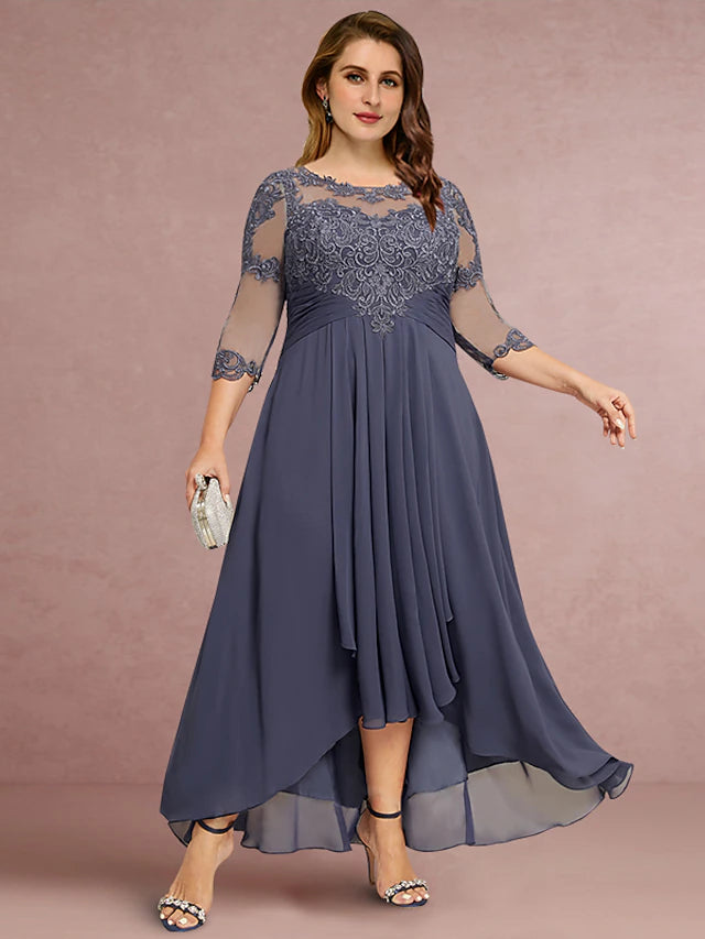 Elegant sheath mother of the bride dress with jewel neck and 3/4 sleeves.
