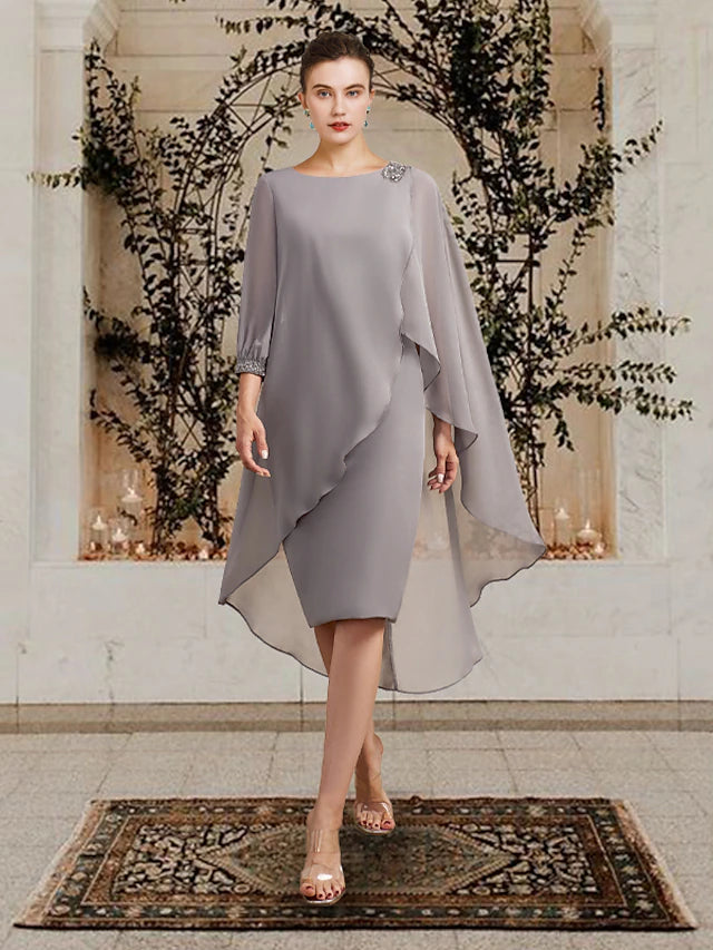 Elegant sheath mother of the bride dress with jewel neck and 3/4 sleeves, front view.