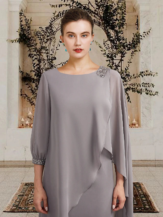 Side profile of the chiffon mother of the bride dress, highlighting the floor length.
