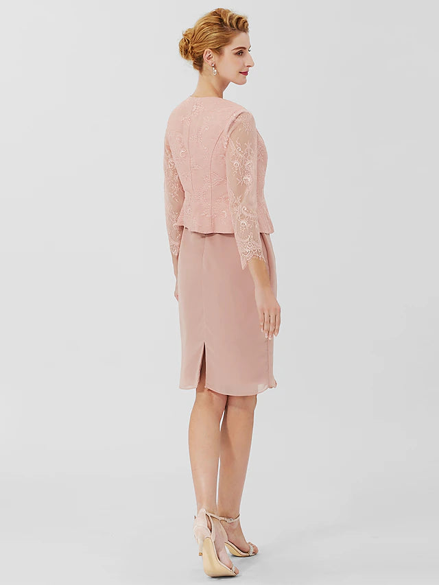 Close-up of the jewel neck and 3/4 sheer lace sleeves on the mother of the bride dress.