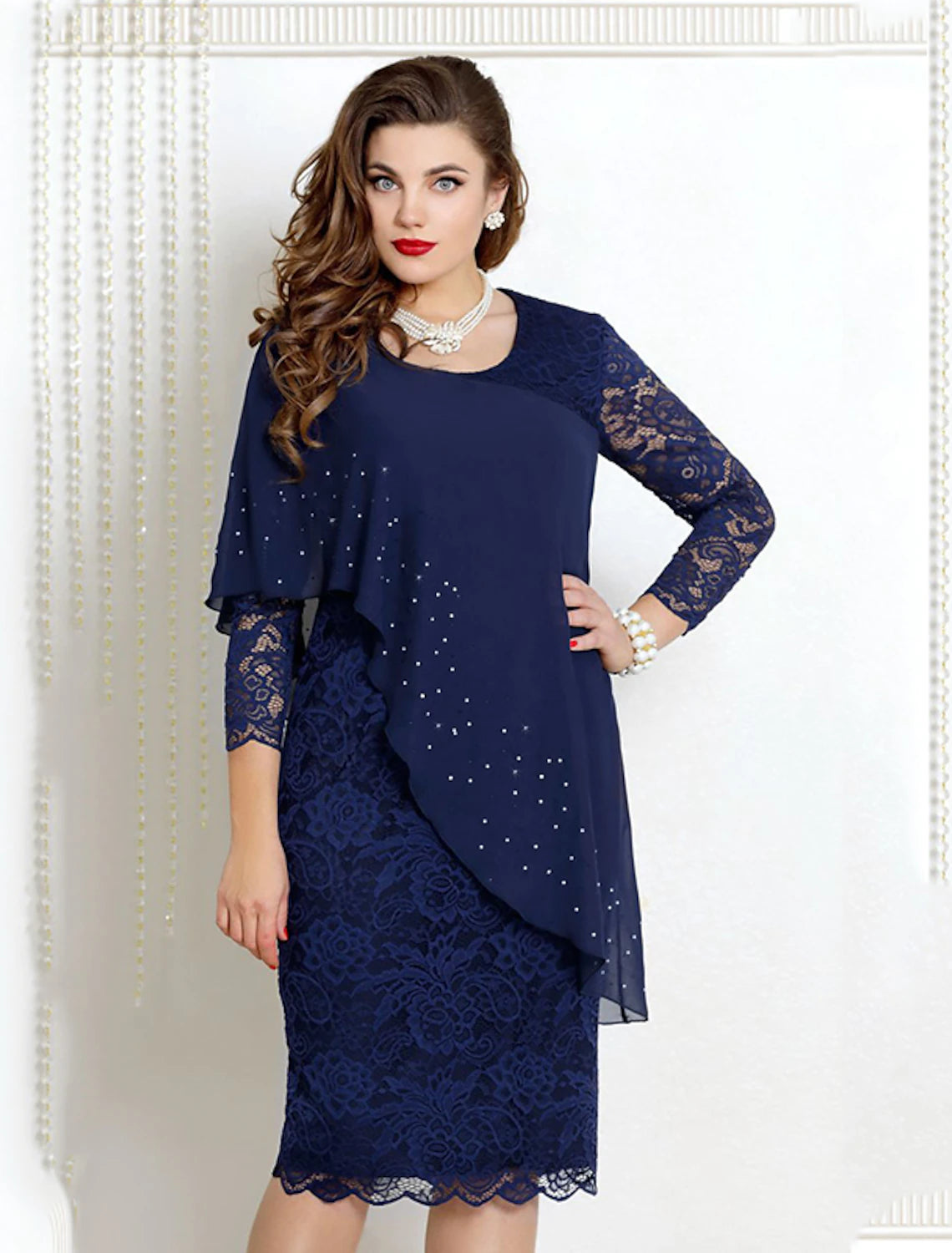 Full length view of Mother of the Bride dress, showing knee length.