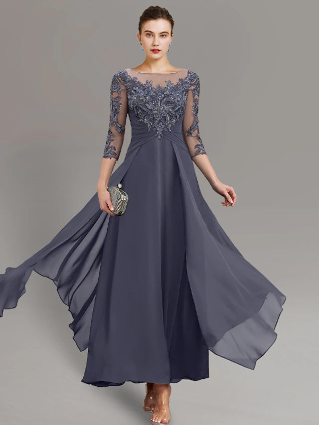 Elegant sheath gown with jewel neck and 3/4 sleeves.