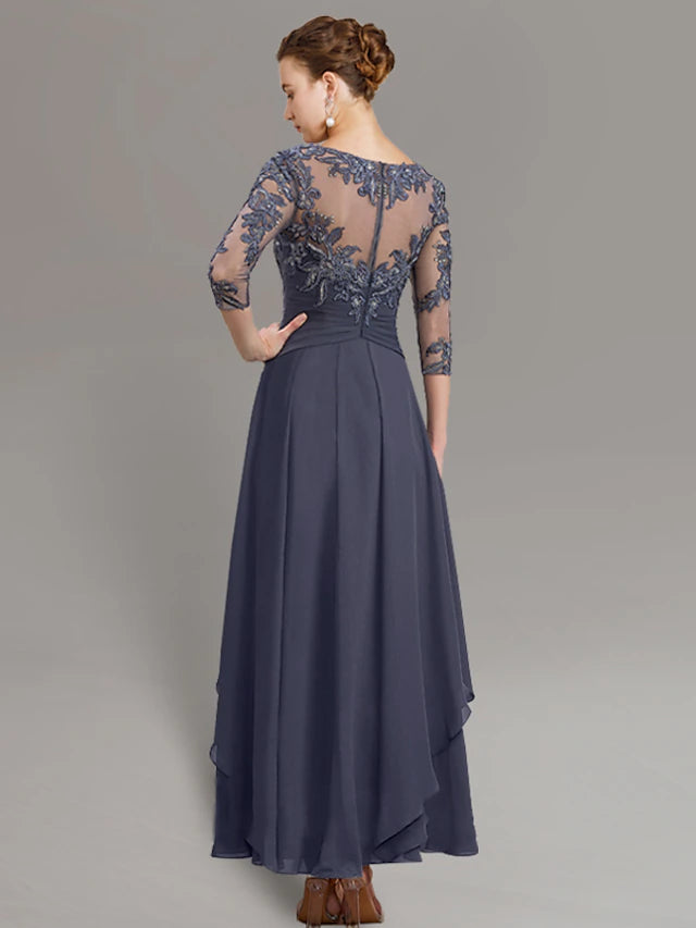 Close-up of the chiffon, lace, and sequin details on the gown.