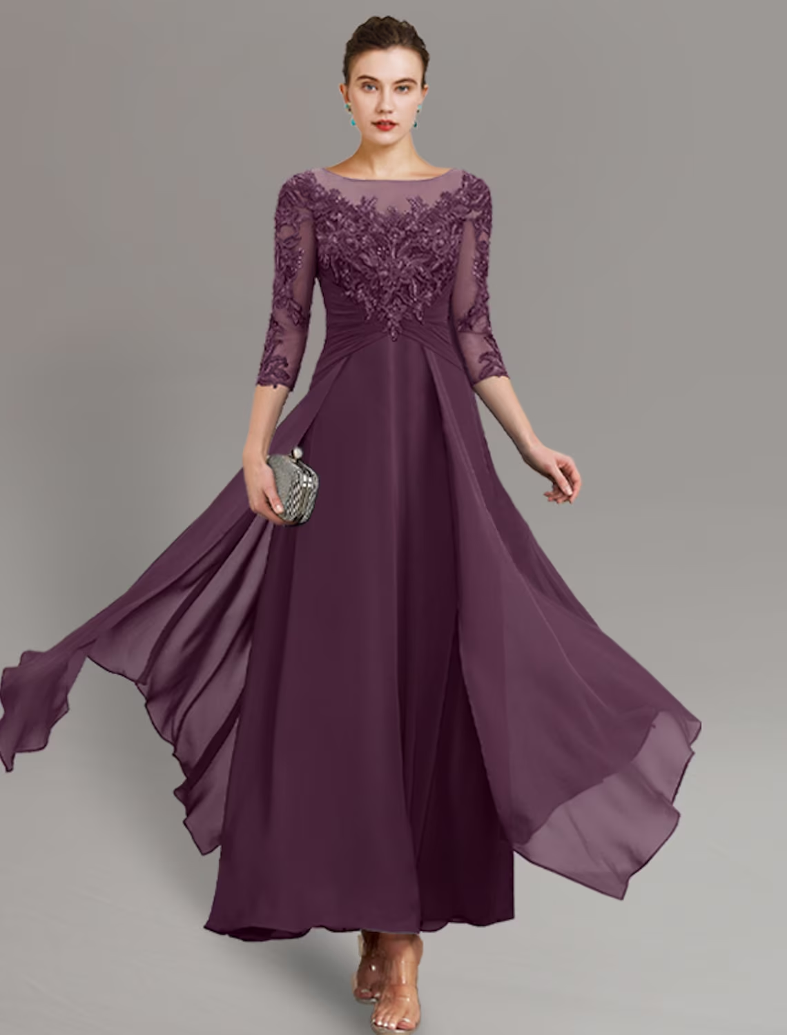 Model wearing the elegant ankle-length sheath dress.