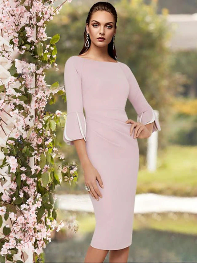 Side view of the tea length sheath dress, highlighting side-draped detail.