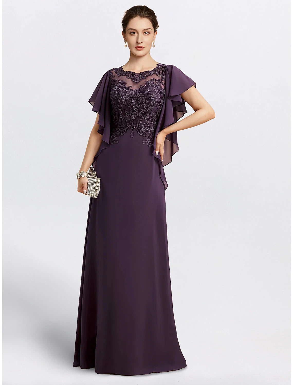 Elegant sheath mother of the bride dress with jewel neck and short cape sleeves.