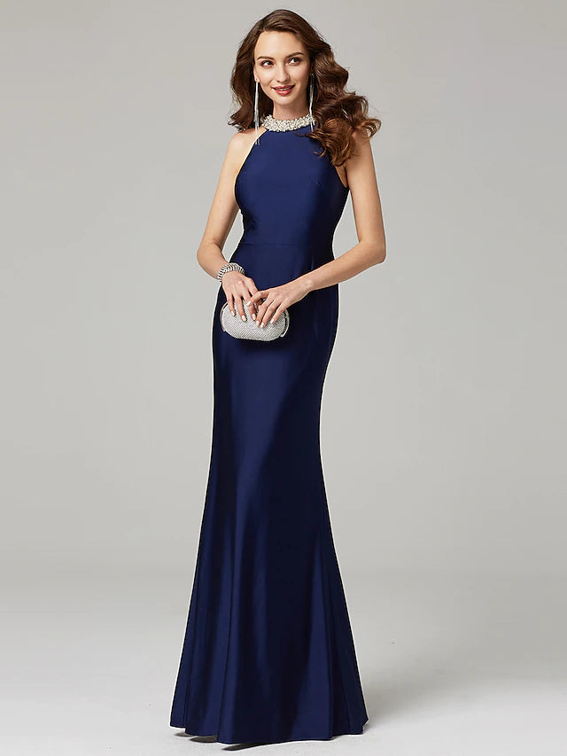 Elegant sleeveless sheath Mother of the Bride dress with jewel neck and floor length.