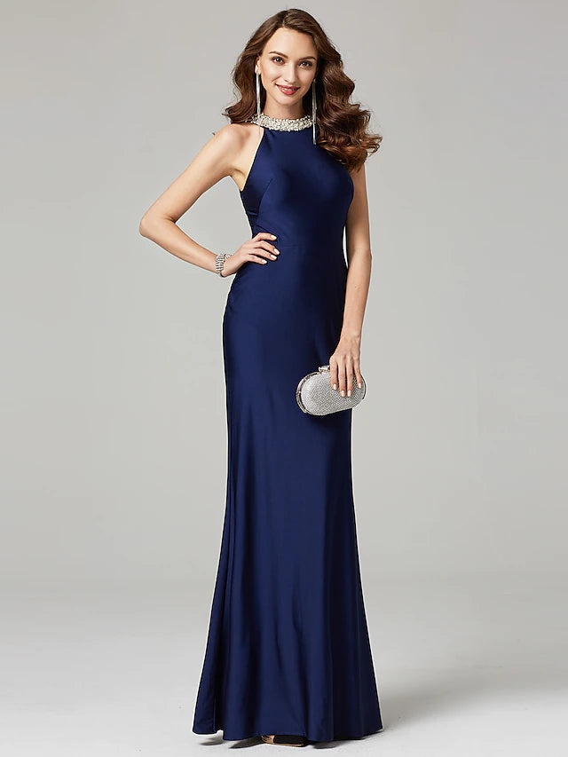 Side view of the charmeuse sheath gown for Mother of the Bride.