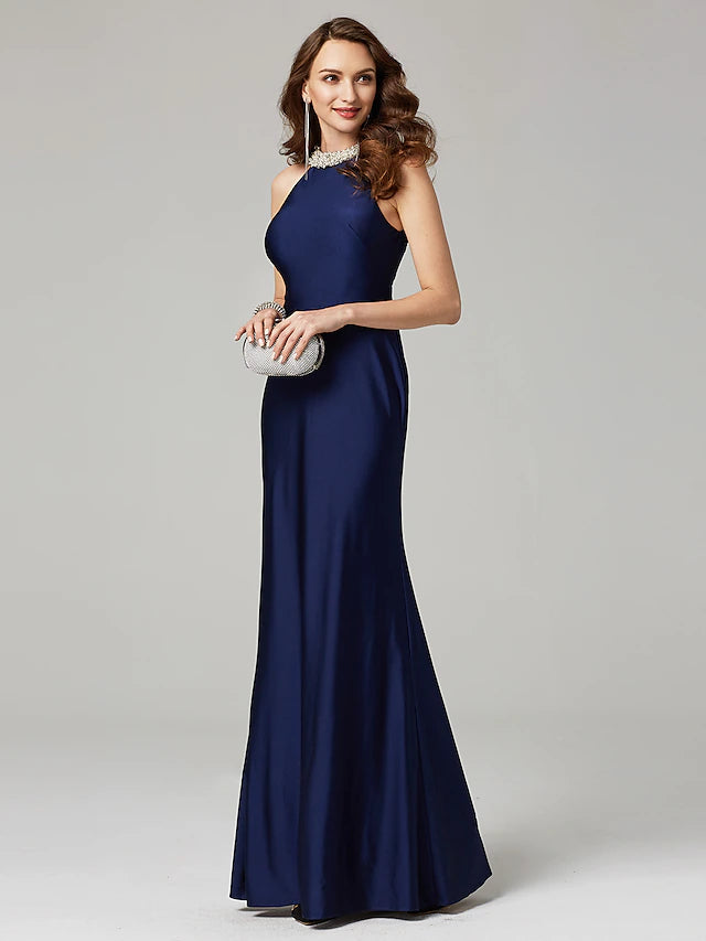 Back view of the elegant floor-length Mother of the Bride dress.