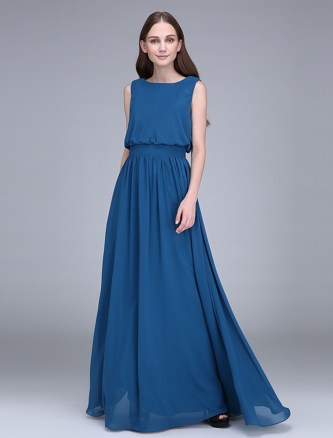 Elegant chiffon sheath bridesmaid dress with jewel neck and sash.