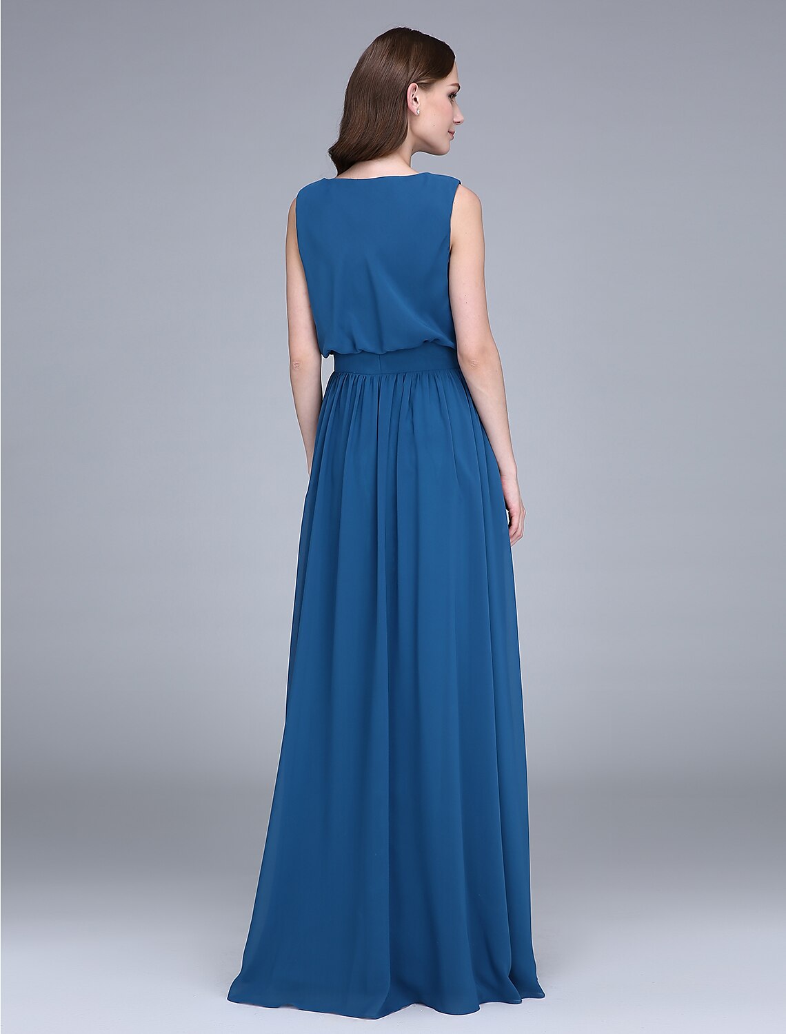 Floor-length chiffon bridesmaid gown, sleeveless, with a flowing silhouette.